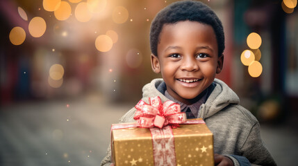 African kid with big giftbox is looking to the camera dusty street on background. Christmas support. Give and share kindness.