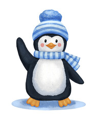 Cute penguin in hat and scarf waves hand. Childish hand drawn watercolor character isolated on white background.