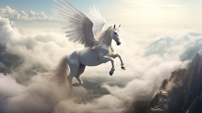White pegasus unicorn in a rock cliff high above