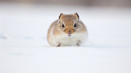 cute hamster running through fluffy winter snow, cold season, rodent in the wild nature