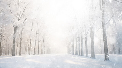 Fototapeta na wymiar winter alley of trees, snowfall in the morning misty park, winter landscape, seasonal abstract blurred background copy space