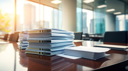 a stack of accounting documents on the desk in the office background copy space document flow - Powered by Adobe