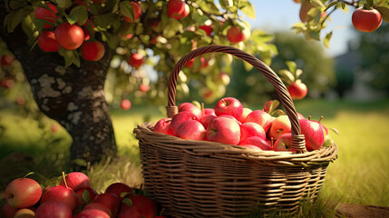 basket with apples in front of an apple tree