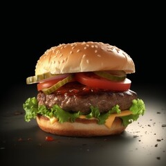 meat burger with vegetables isolated on black background fast food concept