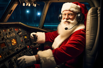 Santa claus and xmas time sitting at the controls of an airplane.
