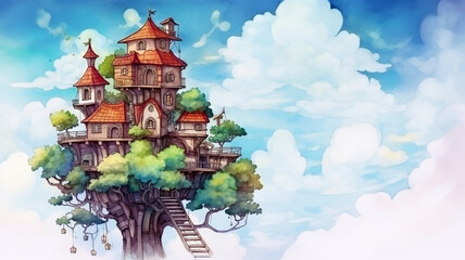 illustration of a tree house in the clouds isolated on a white background , graphics for children fairy tale - obrazy, fototapety, plakaty