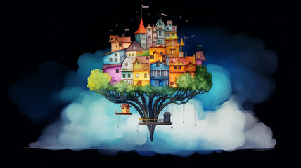 a treehouse in the clouds is a fantastic illustration of a fictional world, isolated on a black background