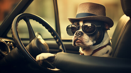 a dog in clothes is driving a car humor joke - obrazy, fototapety, plakaty