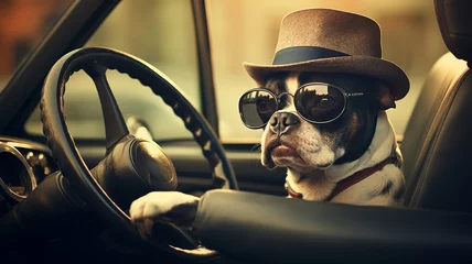 Foto op Canvas a dog in clothes is driving a car humor joke © kichigin19