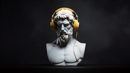 god listens to music, the head of an abstract fictional ancient male statue in modern music headphones, listens to music on a dark background, classical music