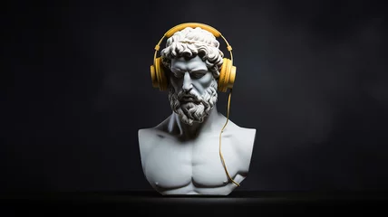 Fotobehang god listens to music, the head of an abstract fictional ancient male statue in modern music headphones, listens to music on a dark background, classical music © kichigin19