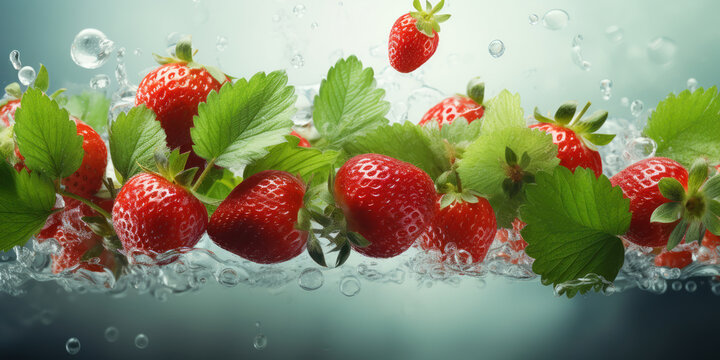 Sliced strawberries in mid-air with a fresh whole berry and green leaves
