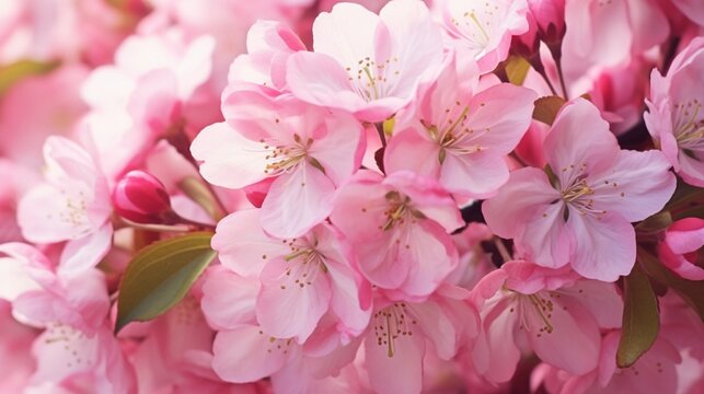 Spring background with wild apple tree blossom. Malus floribunda. Blossom pink apple tree flowers in springtime close up.