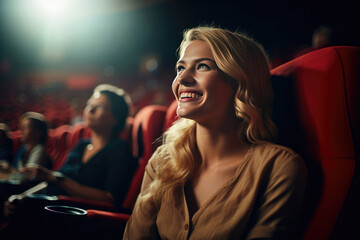a woman smiles at a movie theater, people in happy moment generative AI
