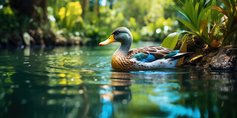 Obraz premium Peaceful duck swims on a calm blue lake, surrounded by lush greenery