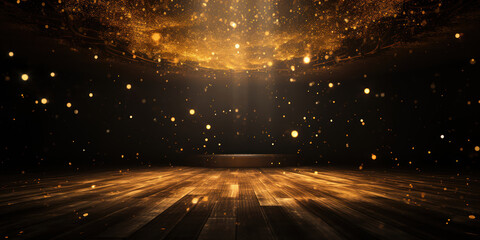 The stage comes alive as golden particles drift down from the darkened ceiling
