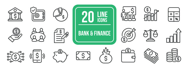 Bank and finance simple minimal thin line icons. Related money, bank, contract, analysis. Editable stroke. Vector illustration.  - obrazy, fototapety, plakaty