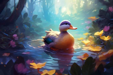  painting style landscape background, a duck in the forest © Yoshimura