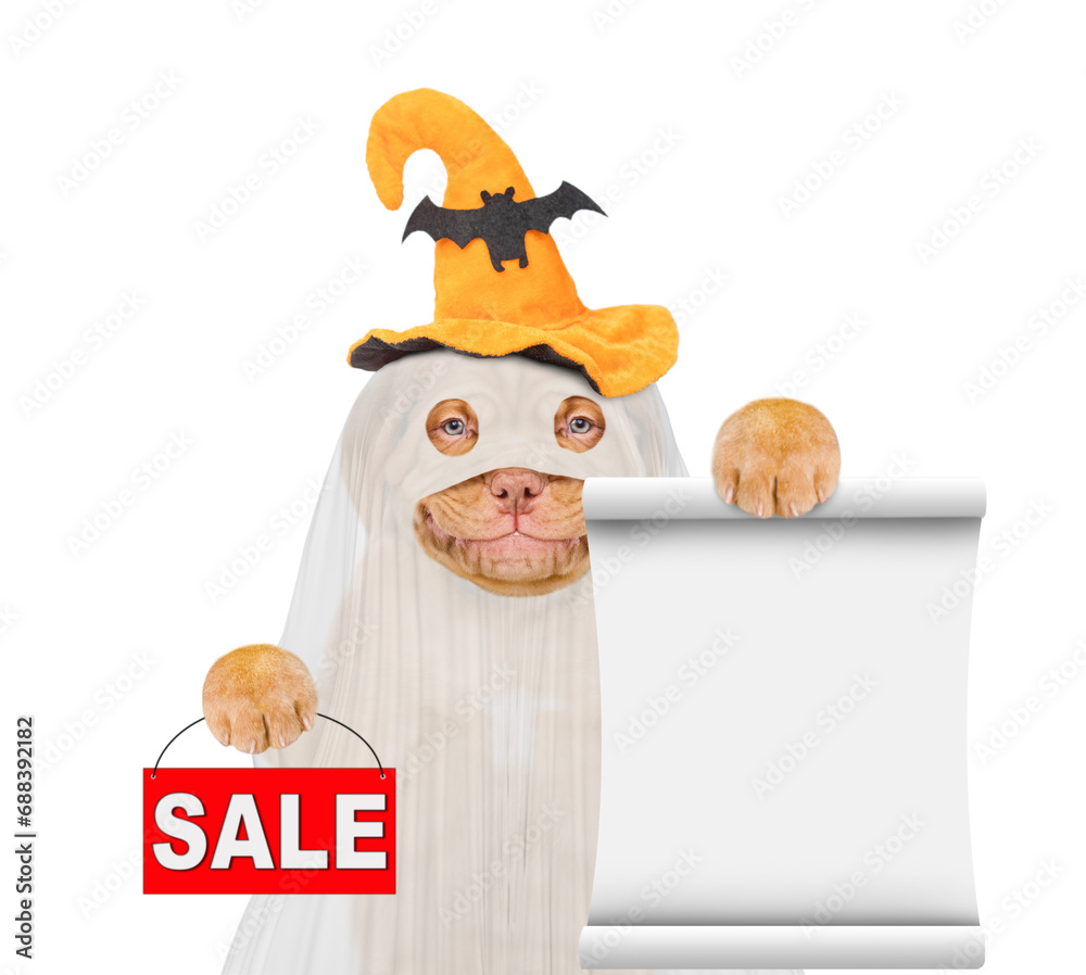 Aufkleber smiling mastiff puppy dog celebrating halloween in ghost costume shows signboard with labeled 