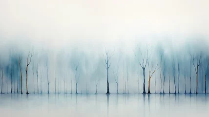 Tuinposter light white blue fog, a row of trees. watercolor abstract background late autumn, symbol landscape view cold light November, copy space blank blank © kichigin19