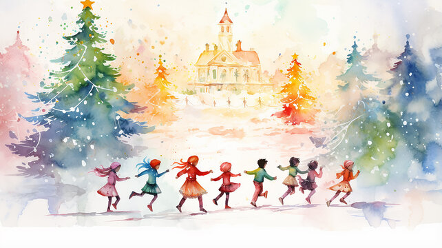 row of children holding hands and dancing round dance around  Christmas tree, watercolor illustration holiday happiness in the new year