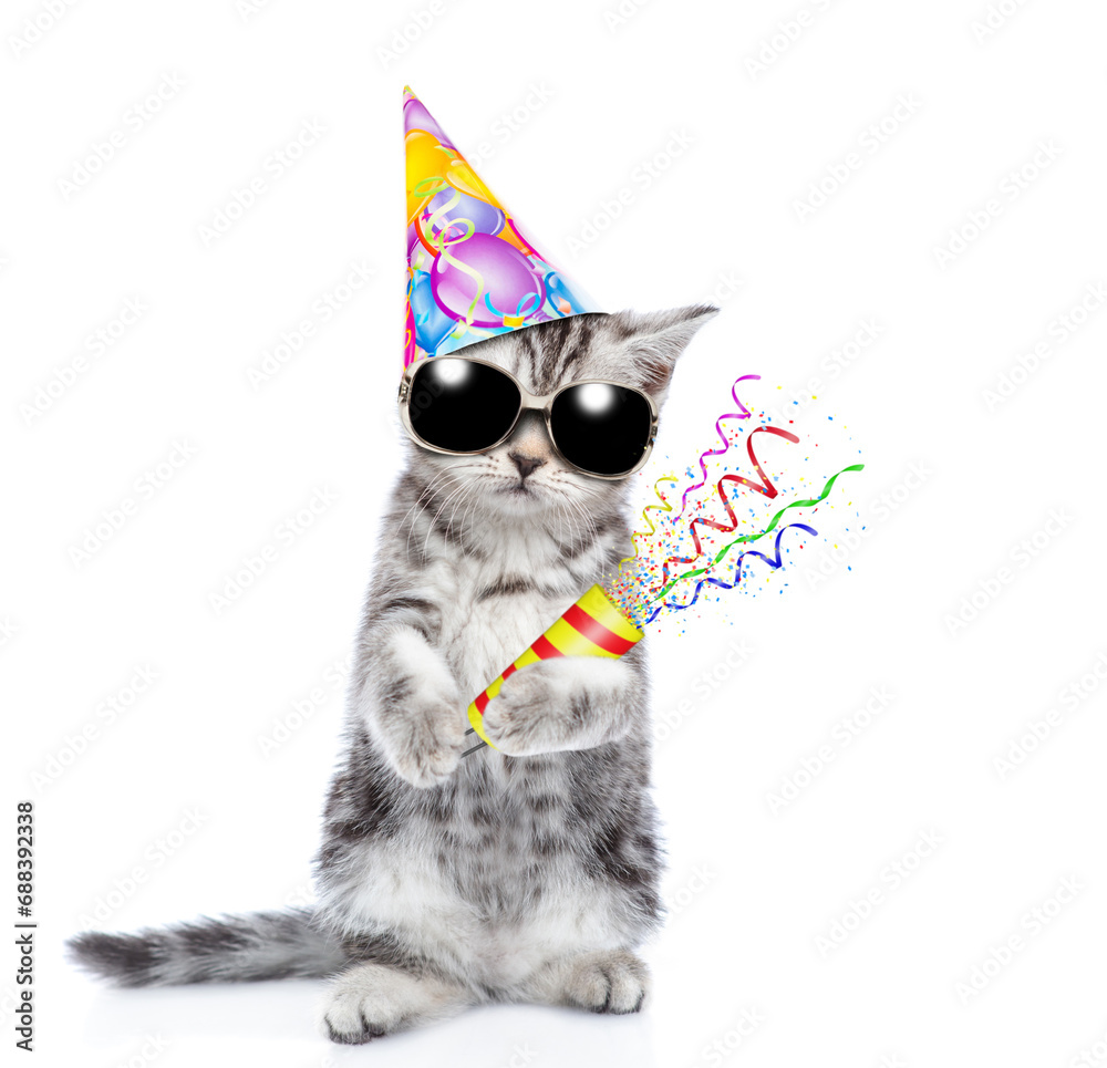 Poster cute cat wearing sunglasses and party cap holds exploding firecracker. isolated on blue background