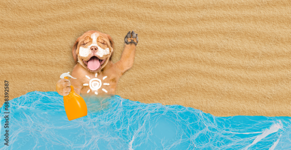 Poster happy mastiff puppy at beach applying suntan lotion or sun block. empty space for text