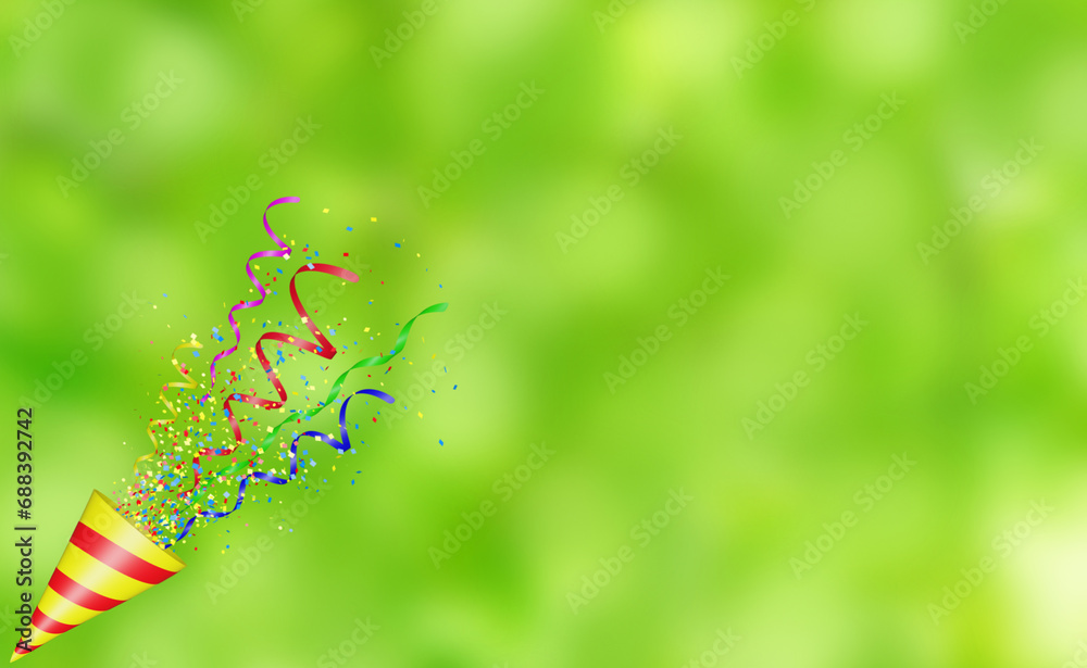 Poster party popper with flying confetti. yellow and red firecracker explodes with serpentine. birthday and