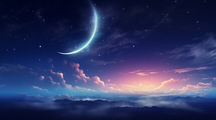 Fototapeta na wymiar starry sky with half moon in scenic cloudscape
