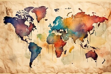 paper grunge watercolor paint Colorful map world Vintage earth texture old antique background aged retro dirty abstract continent brown parchment design textured