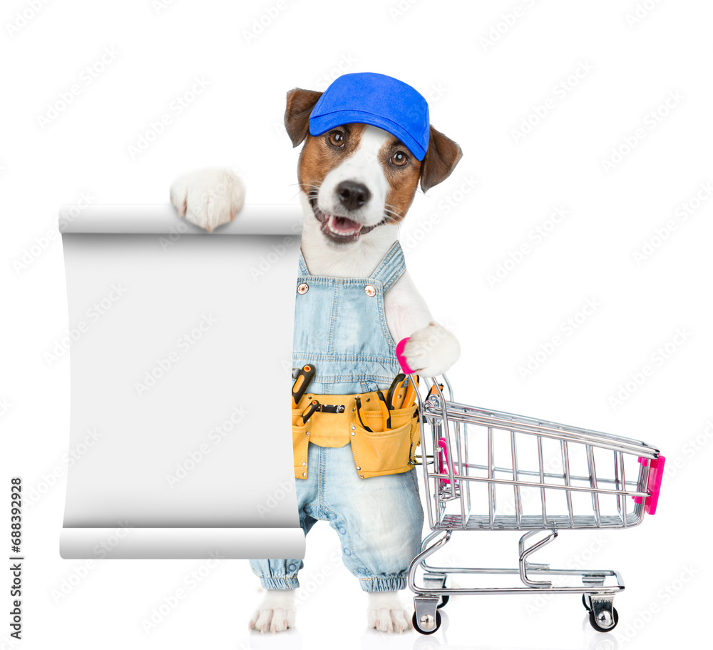 Poster funny jack russell terrier puppy wearing red cap and denim overalls with tool belt shows empty list 