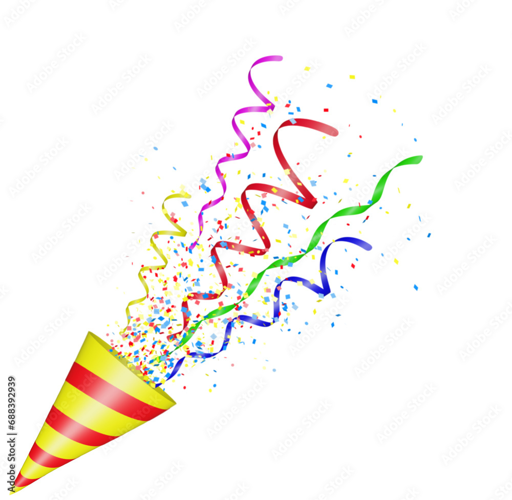 Aufkleber Party popper with flying confetti. Yellow and red firecracker explodes with serpentine. Birthday and anniversary banner with empty space for text. Isolated on white background