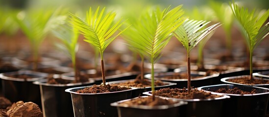 Oil palm seedlings with split leaves at a plantation nursery watered by a spring.
