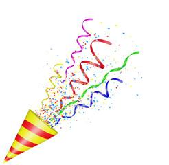 Party popper with flying confetti. Yellow and red firecracker explodes with serpentine. Birthday...