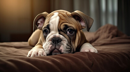 bulldog puppy on a bed