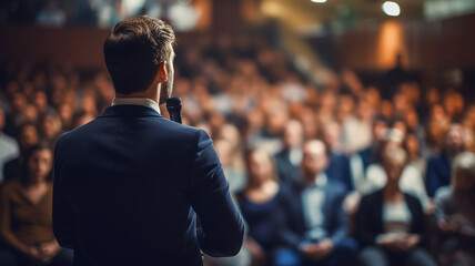 speaker in front of the audience back view, debate, male lecturer speaking in front of a hall of people, the concept of public speaking abstract fictional