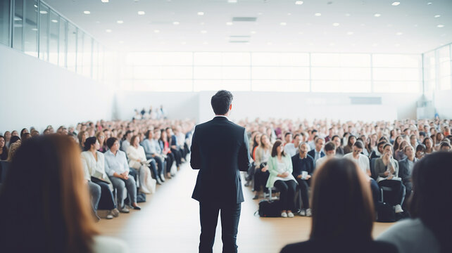 speaker in front of the audience back view, debate, male lecturer speaking in front of a hall of people, the concept of public speaking abstract fictional