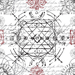 Seamless pattern with sacred geometry elements and shapes. Mystic, esoteric and occult background