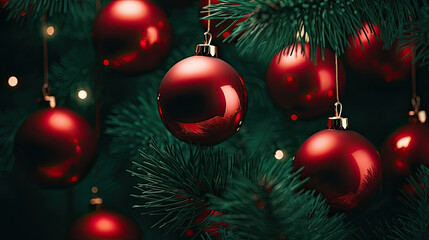 Fototapeta na wymiar close up christmas red balls hanging on a christmas tree