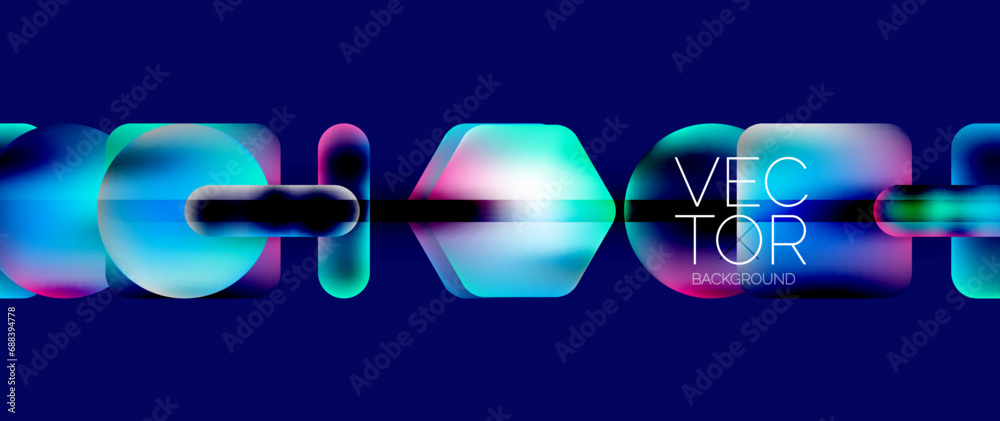 Poster dynamic bright colorful geometric elements with fluid gradients, lights, shadows blend in a minimal 