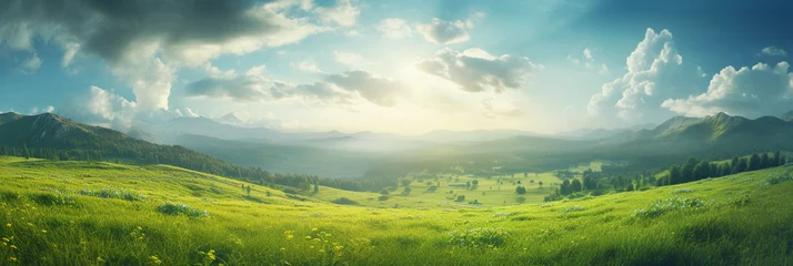 Fotobehang Beautiful summer meadow landscape with sunlight © Tierney