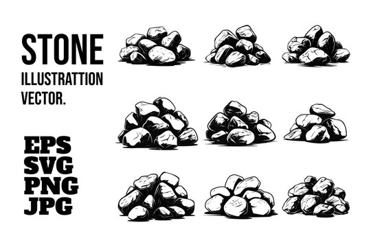 Hand Drawn Icon Collection Featuring Various Types of Stones, Artistically Rendered with Intricate Detail and Captivating Style.