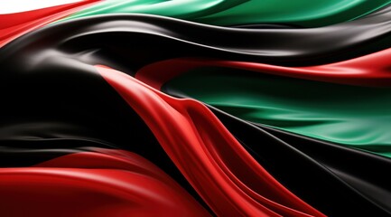 Kenya flag colors Black, Red, and Green flowing fabric liquid haze background - obrazy, fototapety, plakaty