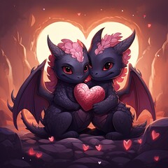 Cute dragon in love. Valentines day full of hearts