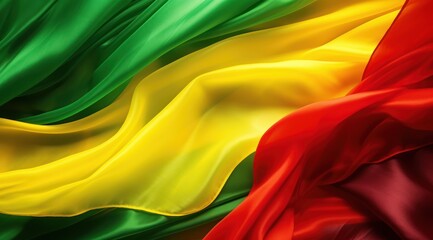Cameroon flag colors Green, Red, and Yellow flowing fabric liquid haze background