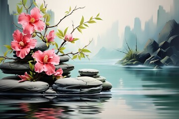 water bamboo hibiscus stone black tower massage nature chinese flower spa zen background rock leaf green peace light flora colours plant relax fresh bright garden beauty - obrazy, fototapety, plakaty