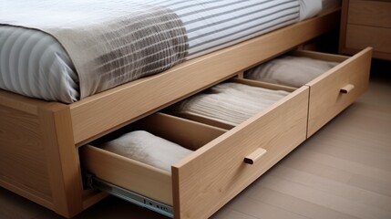 Storage drawer for bedding under modern bed in room