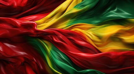 Grenada flag colors Red, Yellow, and Green flowing fabric liquid haze background - obrazy, fototapety, plakaty