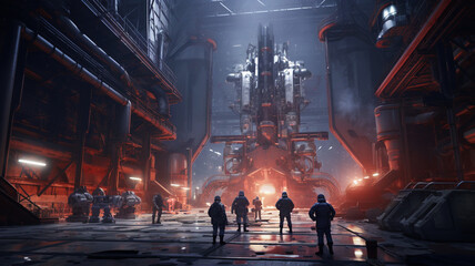 Rocket engineers building a rocket in an aerospace factory