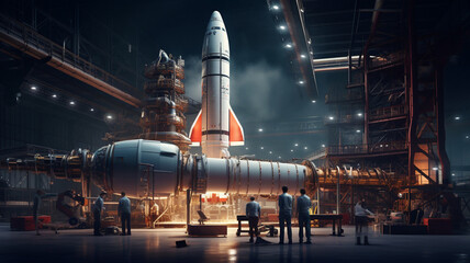 Naklejka premium Rocket engineers building a rocket in an aerospace factory
